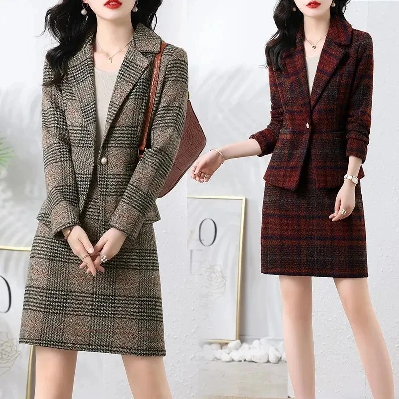 Winter Women Plaid Blazer Skirt 2 Piece Sets Thick Top Coats Suit Elegant Work Mini Jupes Outfits Plus Size 4xl Unlined Conjunto