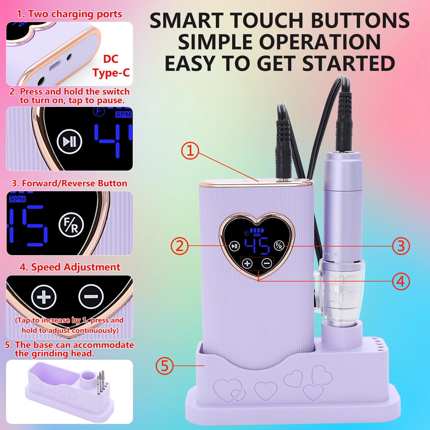 Pulidora de uñas profesional, soporte de banda de pulido profesional para uñas, ajustable a 45 velocidades, regalo de San Valentín.