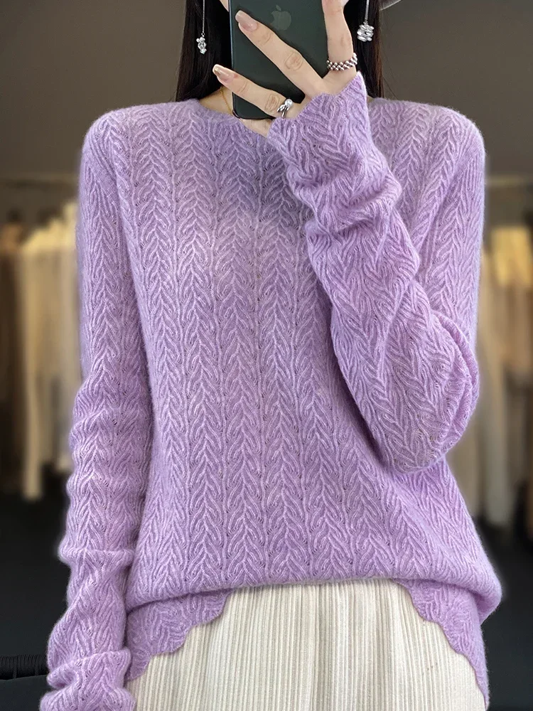 Pure Cashmere Sweater Women\'s Round Neck Hollow Pullover Sweater Solid Color Loose Sweater Knitting Long Sleeve Top Winter 2024