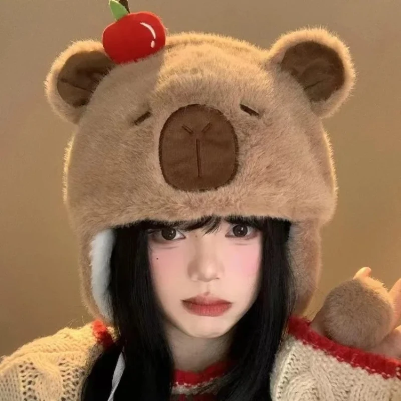Miniso cartoon Kapibala plush hat for women in autumn and winter riding cold hair warm ear protection goggles for Lei Feng hat