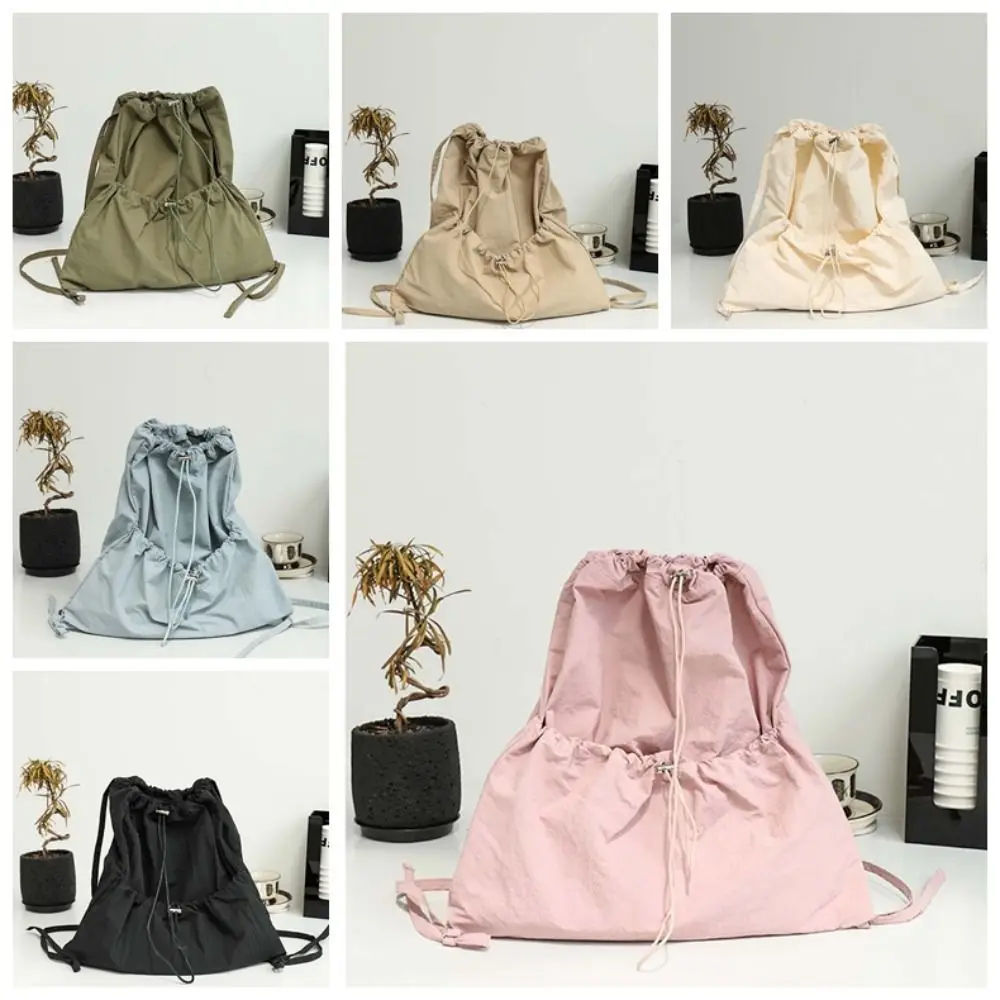 Mochilas de cordão de grande capacidade para meninas, estilo coreano, design de nicho, sacola leve de nylon macia, bolsa de ombro de cor sólida