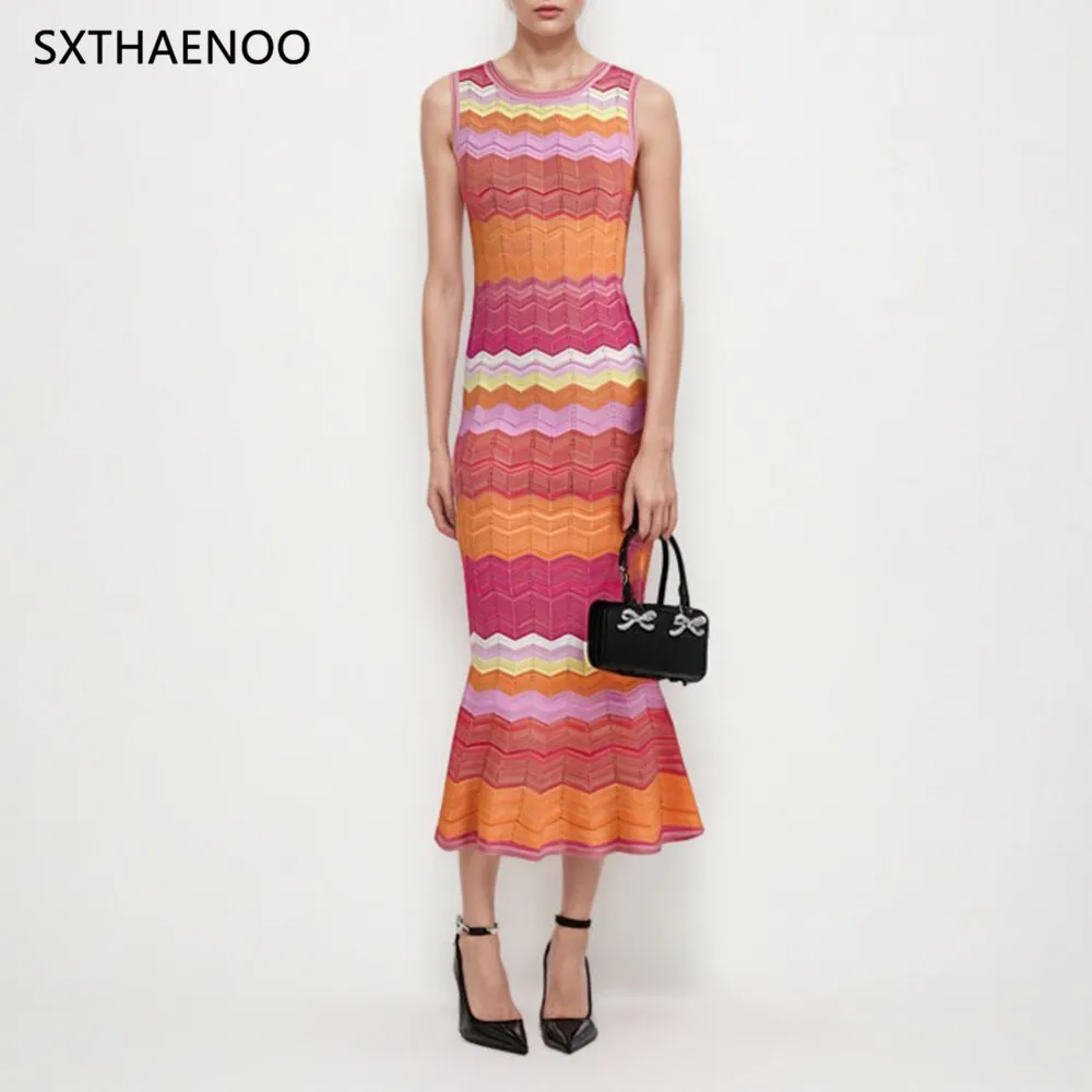 SXTHAENOO Design di lusso lavorato a maglia Dubai arabo lungo maxi abito da donna elegante senza maniche abiti vintage indossano abito Boho alla moda 2025