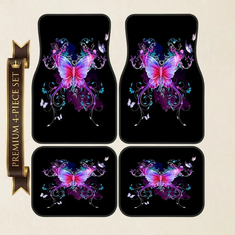 Set Of 4 Distinctive Butterfly Design Car Floor Mats, Perfect Present For Automotive Enthusiasts, Universal Compatibility, Long- 3