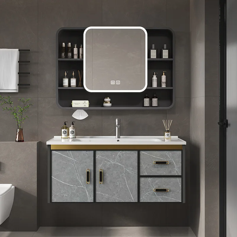 

Modern Simple Combined Split Design Carbon Fiber Vanity Cabinet Integrated LED Ceramic Basin Mirror Wall-Mounted For Bathroom