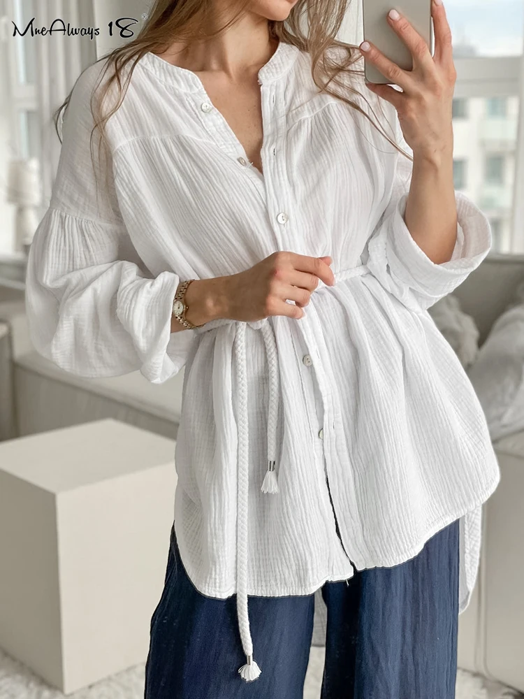 Mnealways18 Elegant Cotton White Shirts Blouses Women Fashion Solid Lace-Up Loose Shirts Casual O-Neck Long Sleeve Shirts Tops