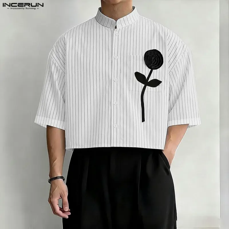 INCERUN Men Shirt Striped Patchwork Stand Collar Short Sleeve Crop Tops For Man Summer Streetwear Loose 2026 Fashion Men Clothes