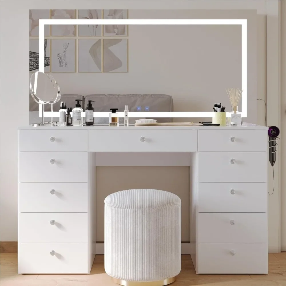 

Extra Large Makeup Vanity Desk with Dimmable LED, 2 Bluetooth Speakers, USB Type C & Type A, 110 V Power Outlet