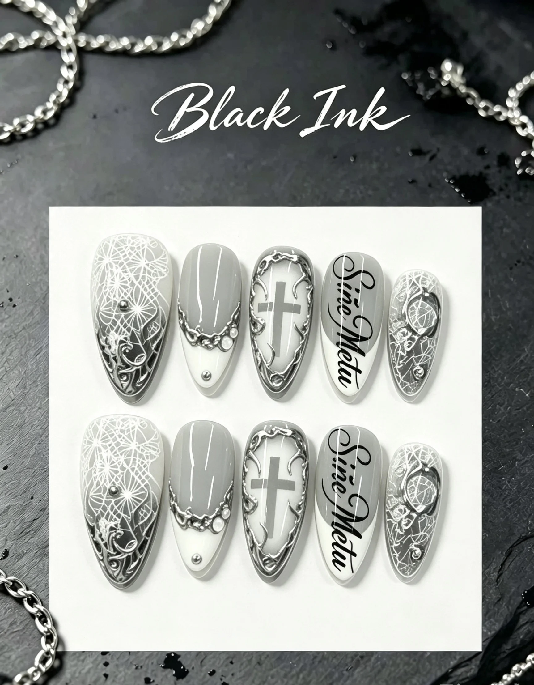 10-Piece Almond-Shaped Set, Black and Gray Gothic Lace Net, Cross and Metal Frame, False Nails