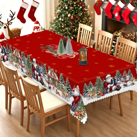 1pc Custom Christmas New Year Tablecloths, Santa Claus, Snowman Christmas Tree Pattern Tablecloths, Christmas Party Tablecloths