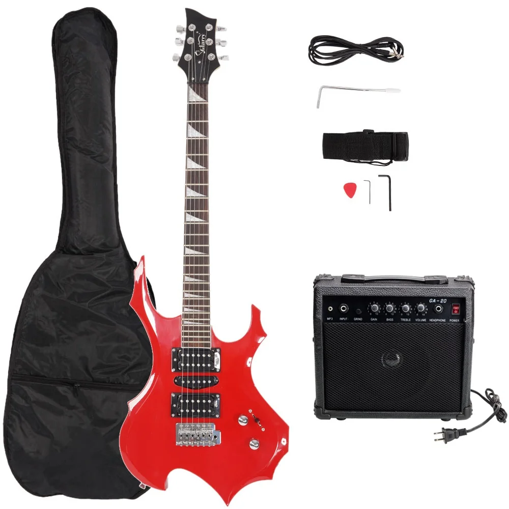 Glarry Flame Shaped Electric Guitar with 20W Sound HSH Pickup Novice Guitar Audio Bag Strap Picks Shake Cable Wrench Tool