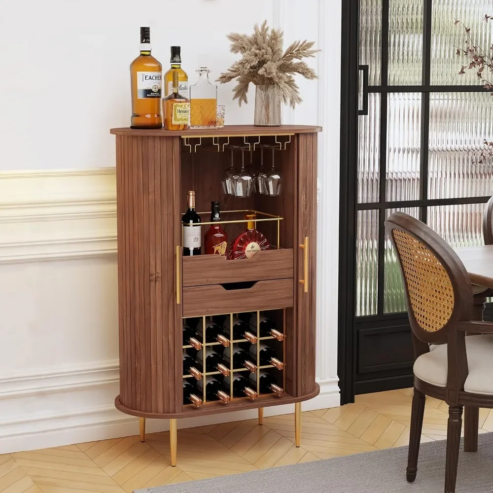 

Wine Bar Cabinet with Tambour Door, Wood Liquor Cabinet with 16 Wine Rack and Glass Holder, Coffee Bar Station for Home