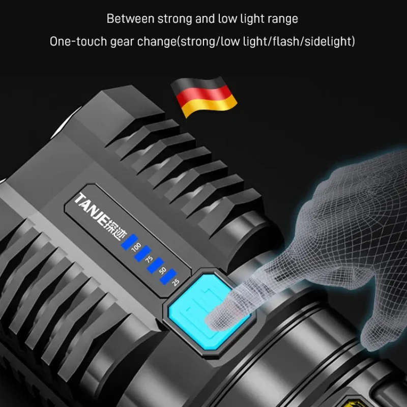 Outdoor Portable Quad Core Strong Light Flashlight Spotlight Long Range Home Usb Charging