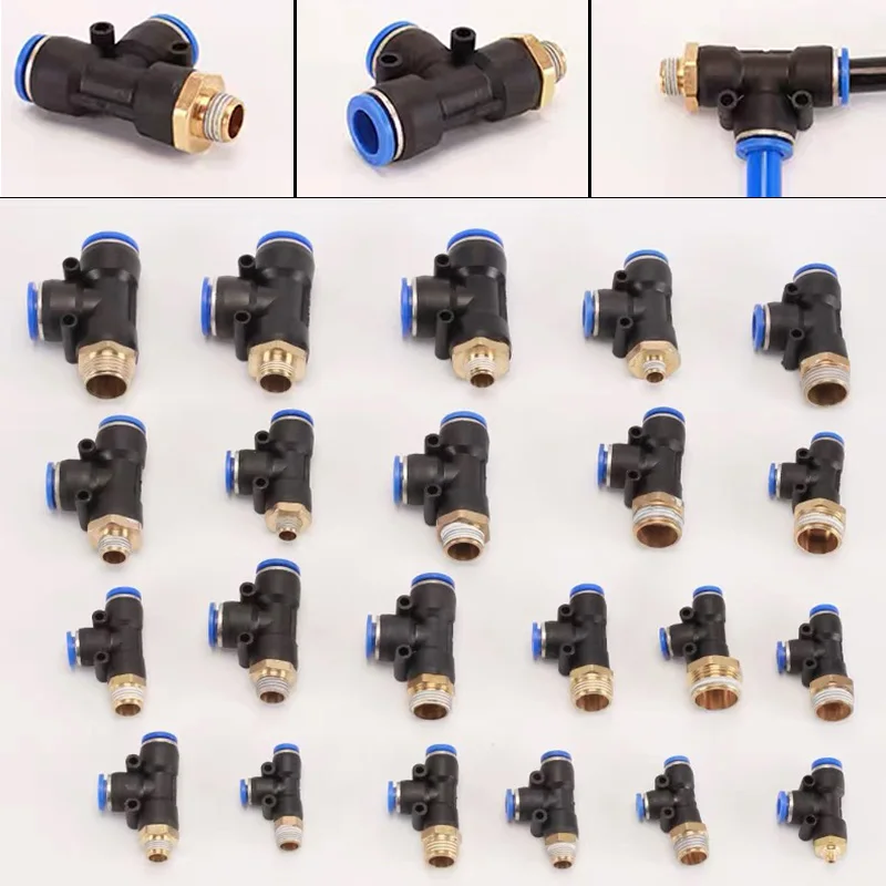 

10PCS 3-Way T-Shaped Pneumatic Tee PD Pneumatic Air Connector Fitting 4mm 6mm 8mm Thread 1/8" 1/4 3/8 1/2 Straight Hose Fittings