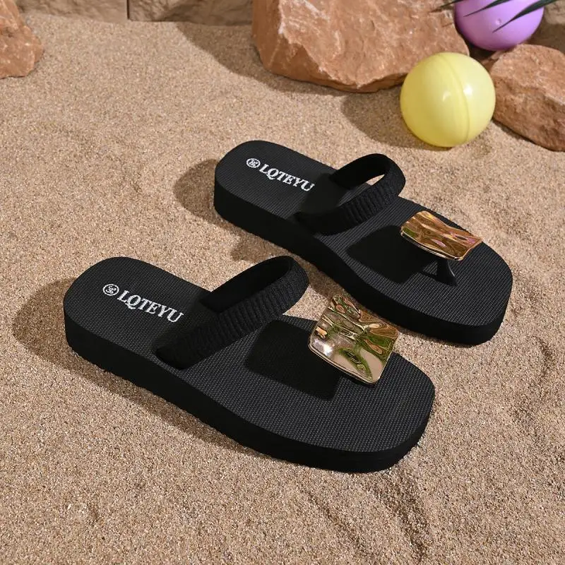 Designer Metall-Dekoration Dickbodige Clip-Toe Sandalen Damen Sommer 2026 Leichte EVA Flip-Flops Damen Schwarze Strandpantoffeln – Detail 8