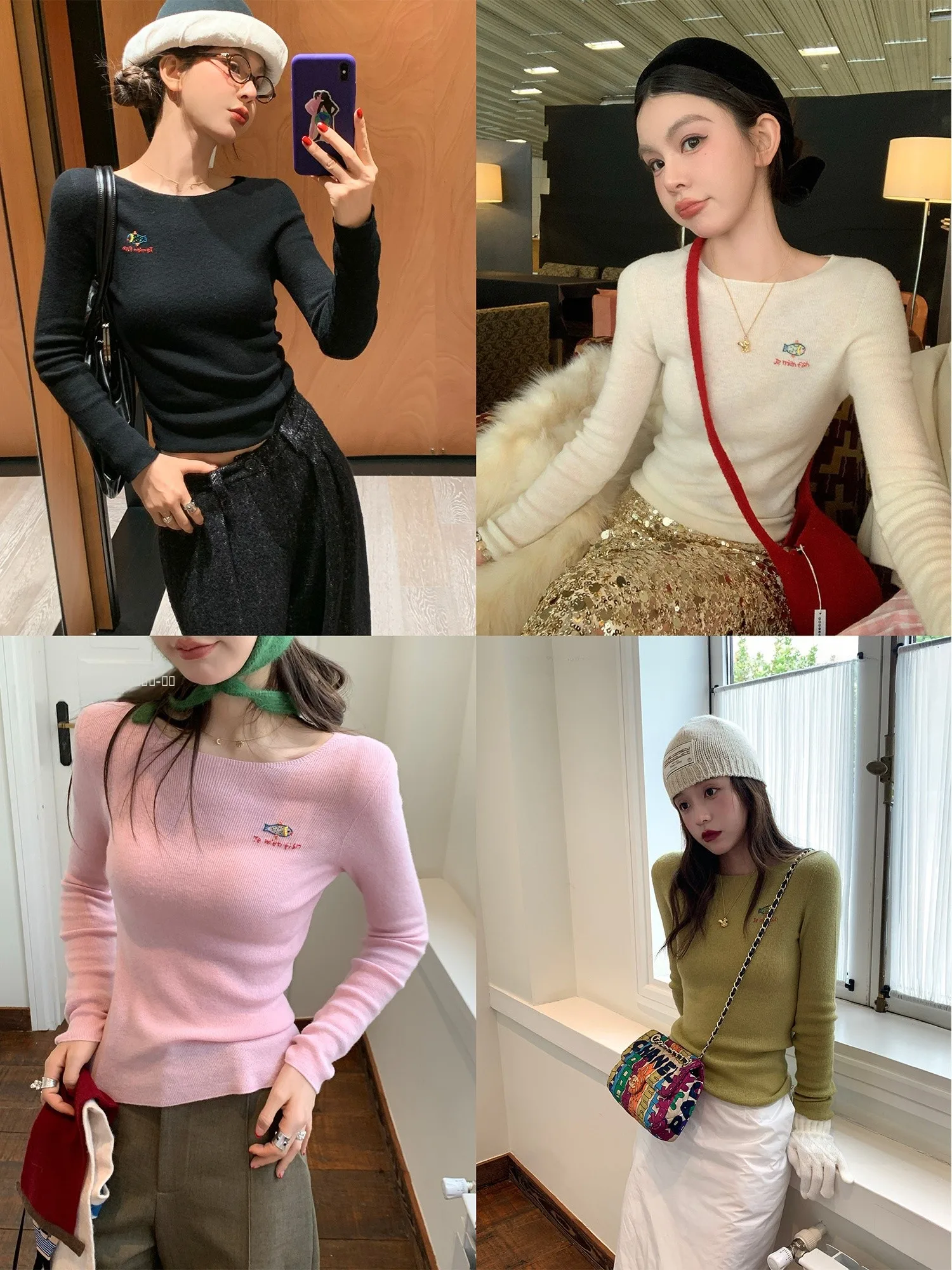 

Je Men Fi Women's Knitted Base irt Pearl Embroidery Sl Inteated Full Wool Straight Tube Long Sve round Ne Top