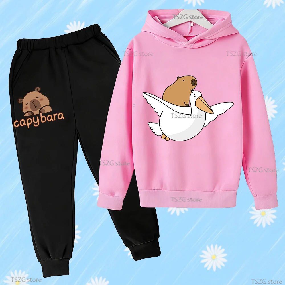 

Autumn Long Sleeve Cartoon Capybara Hooded Children's Hoodie Set Kid Boys Girls Trousers Set Casual Tracksuits Sweatpants Suits
