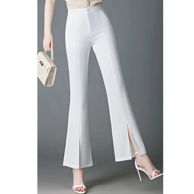 Womens Clothing Summer Slit High Waist Slim Elegant Suit Flared Pants Korean Fashion Office Lady Trousers Black White Pantalones