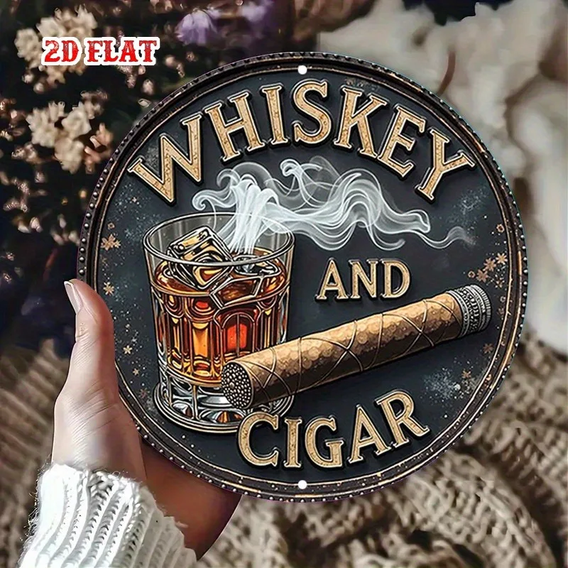 2D Flat,Cigar Smoke - Rustic Round Aluminum Sign Suitable for Home, Garage, Cafe - Elegant Cigar Smoke Decor, Wall Art Sign,