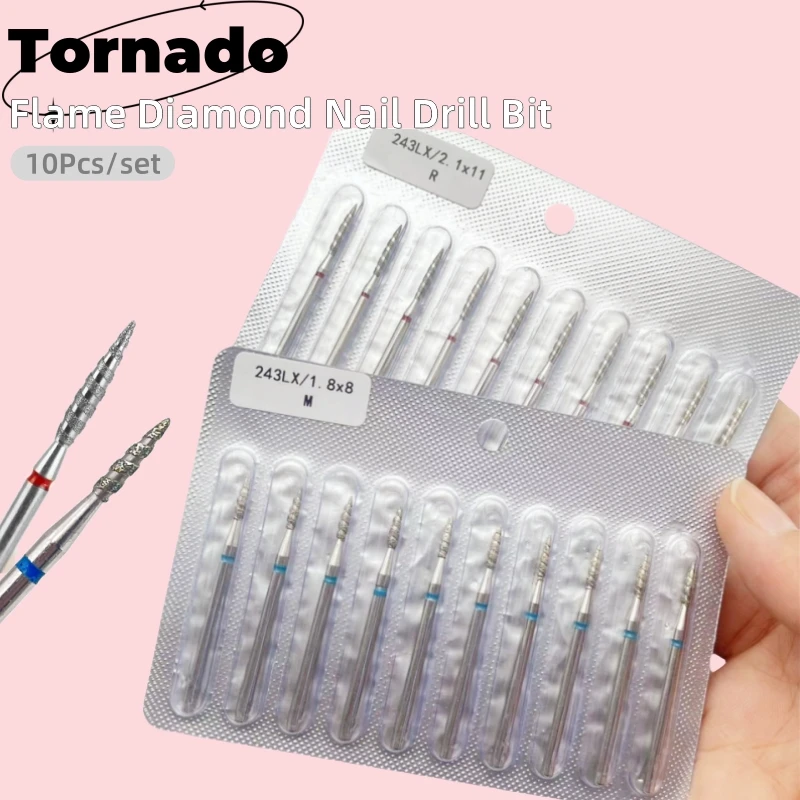 10Pcs Tornado Flame Diamond Nail Drill Bit Fine&Medium Grit Size Manicure Cutters Rotary Burr Drill Accessories Spiral Nail Tool