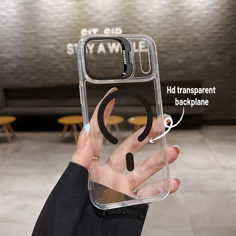 Magnetic Bracket Phone Case For Apple iPhone 17 16 15 14 13 12 11 Pro Max With Lens Stand Rack Transparent TPU Shockproof Cover - view 5