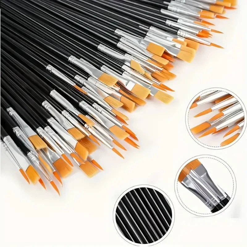 100Pcs Nylon Brushes Set for Painting, Crafts & Art, Black Flat & Round Tip Brushes, Mixed Material with Rattail Handle