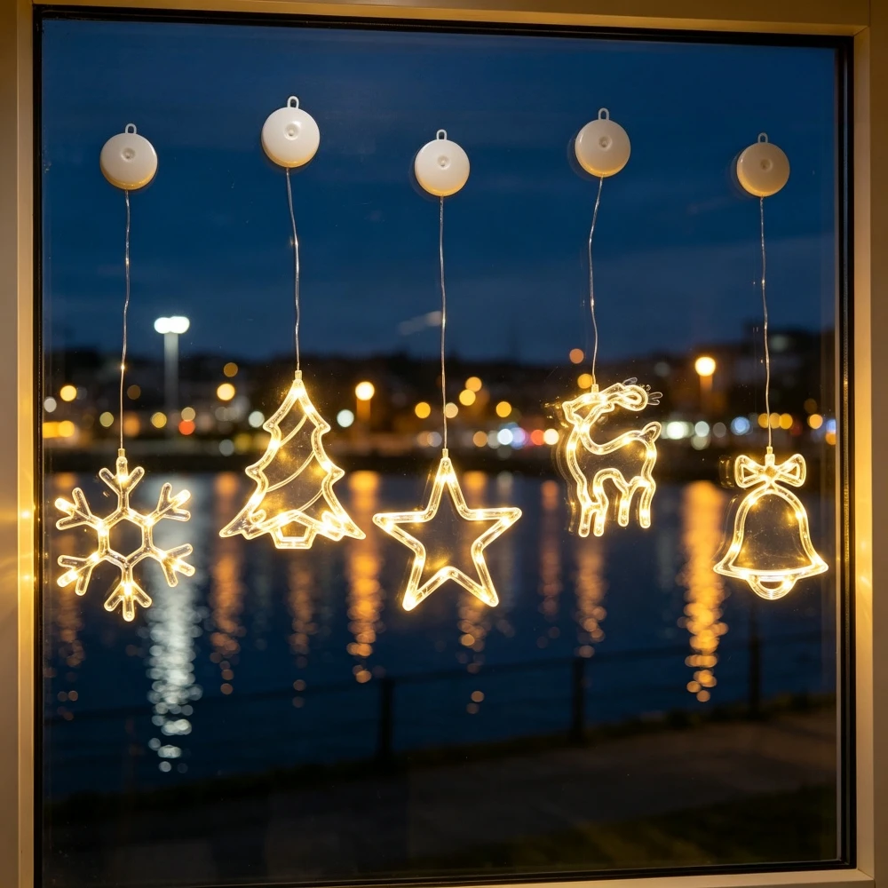 Christmas Suction Cup Window Hanging Lights, LED Snowflake Tree Star Reindeer Bell Lights, Xmas Window Glass Home Shop Decor