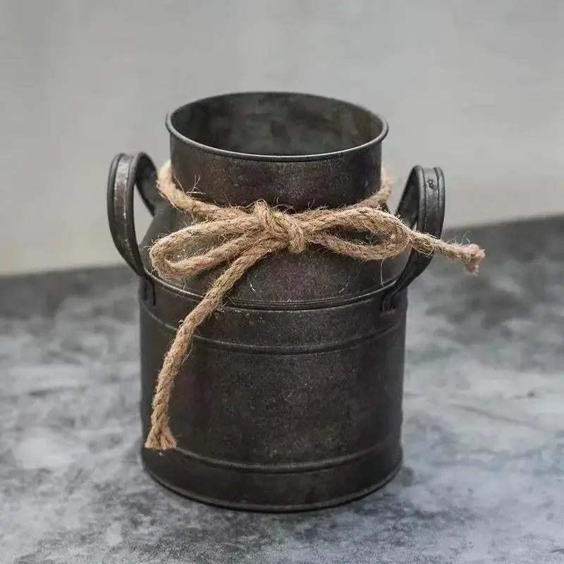 Retro Tin Flower Bucket European Milk Jug Plant Pot Vase Vintage Farmhouse Garden Home Decor Ornament Furnishing Display Prop