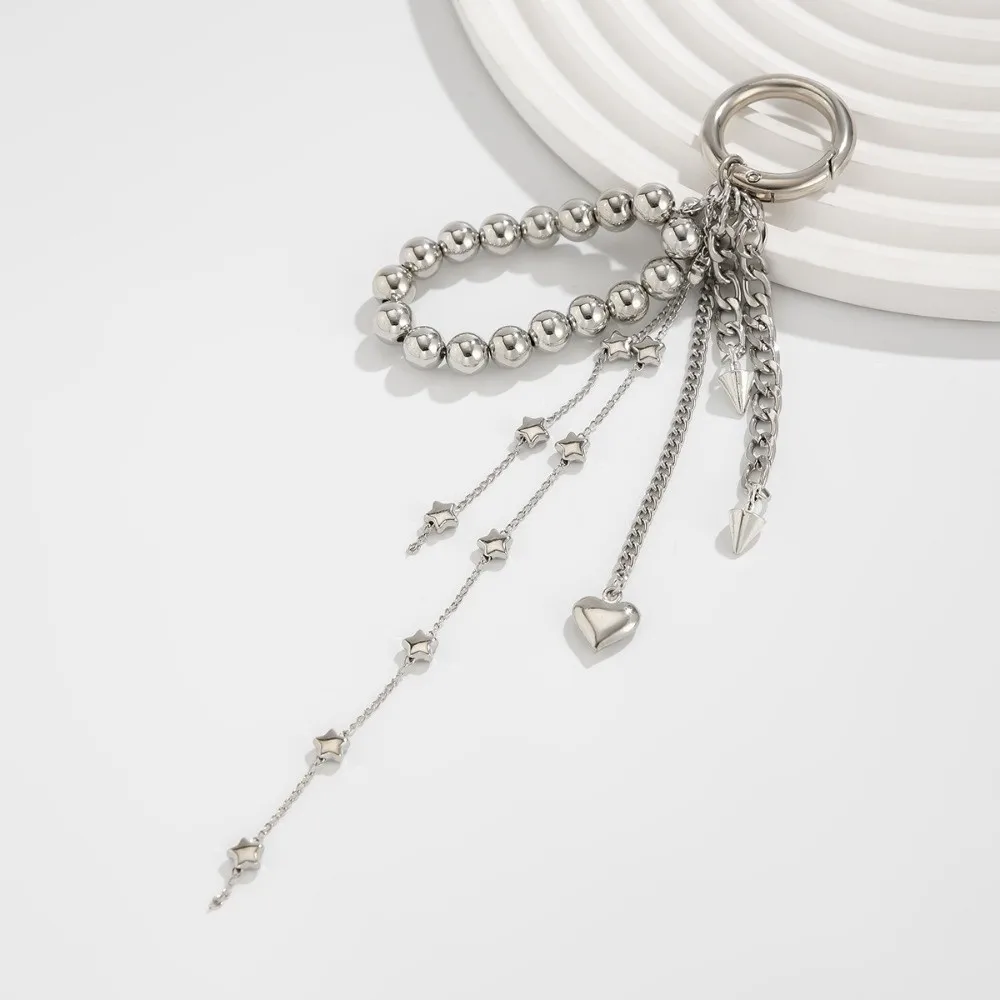 New Metal Pearl Beadeds Keychain Star Rivet Heart Shape Chain Bag Pendant Tassel Imitation Pearl Peach Heart Key Ring Trendy