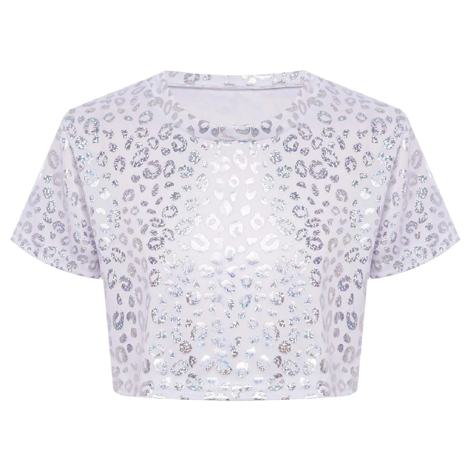 

Kids Girls Leopard Print T-shirt Cheerleading Dance Performance Costume Round Neck Short Sleeve Metallic Shirts Dance Crop Top