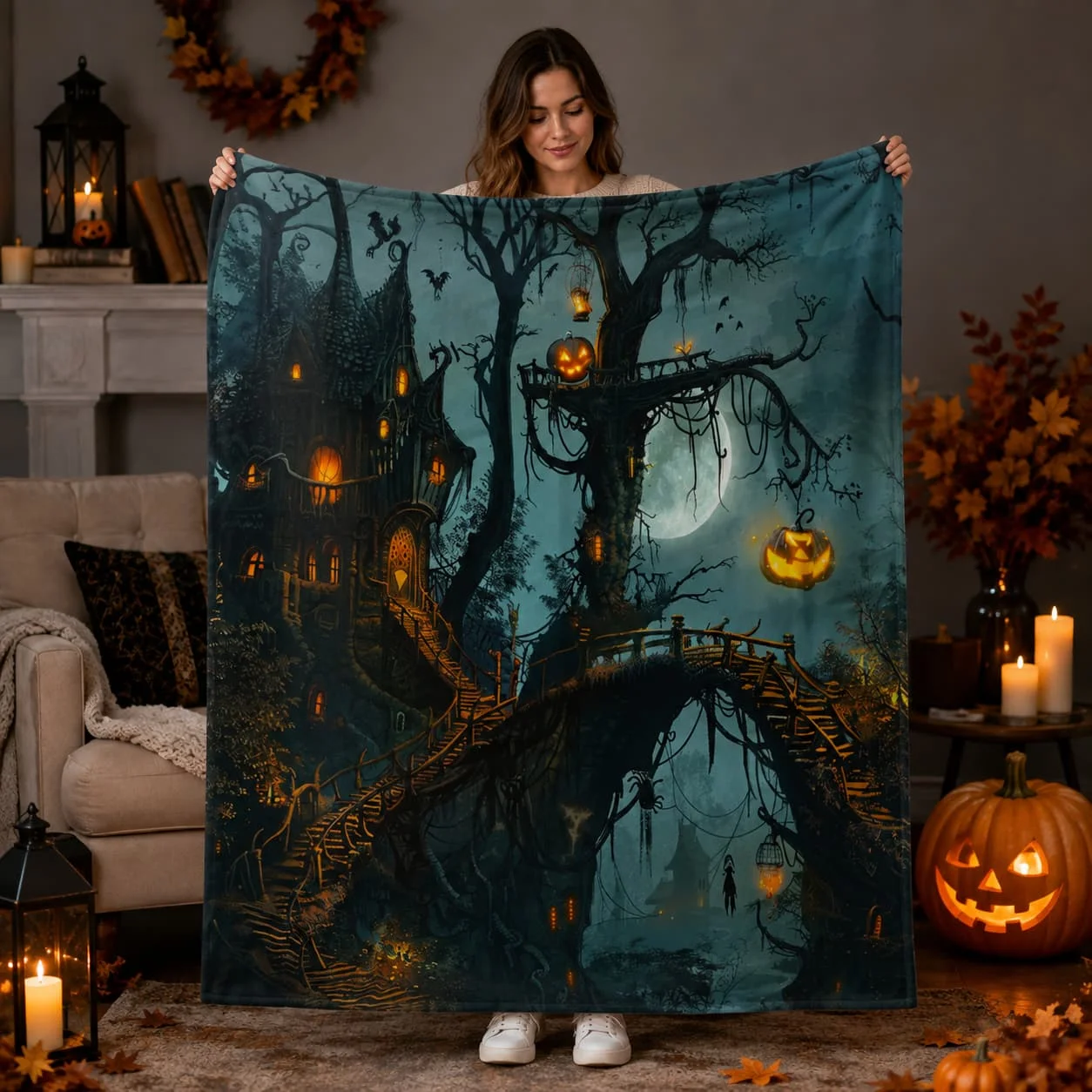 Halloween Fleece Throw Blanket, Haunted House & Jack-o'-Lanterns (Various Sizes)