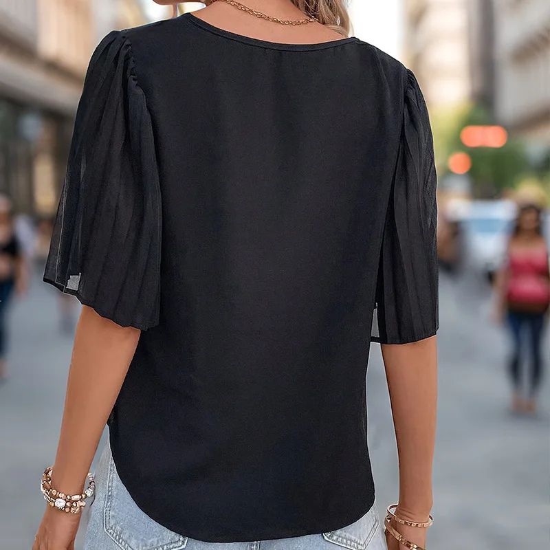 2025 Summer Women's Shirt Solid Color Pleated V-neck Fashion Casual Comfortable Short-sleeved Black T-shirt