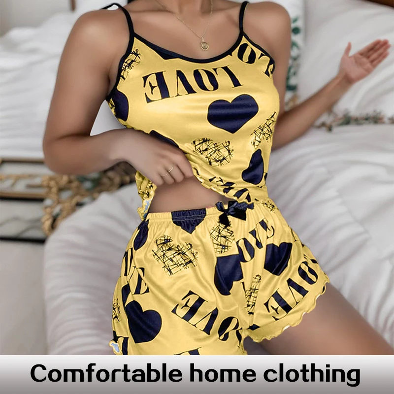 Summer Women\'s Casual Printed Letter Camisole Vest Short Sleeved Shorts Set, Plus Size Casual Pajama Set