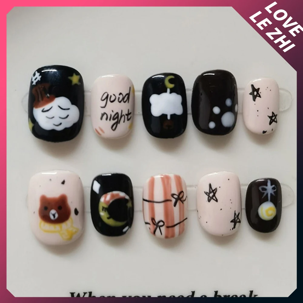 10 Uds. De uñas postizas redondas y cuadradas cortas y bonitas hechas a mano, uñas postizas reutilizables con dibujos de perros y gatos pintadas a mano con lazo, perlas, pan y patatas