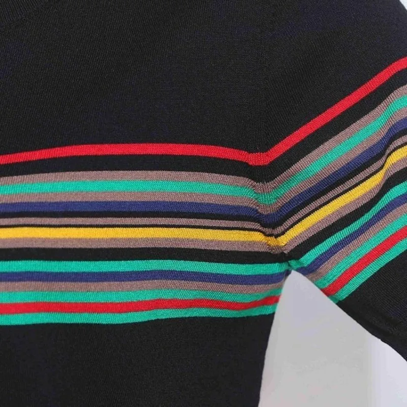 Korean Fashion Women Rainbow Striped Knitted T-shirt Summer New Female Clothing Loose Casual Basic Pullover Short Sleeve Tops