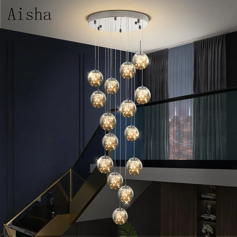 

Starry Sky Staircase Light Long Pendant Light Duplex Apartment Loft Smoke Grey/Amber Glass Chandelier Luxury Creative Villa Lamp