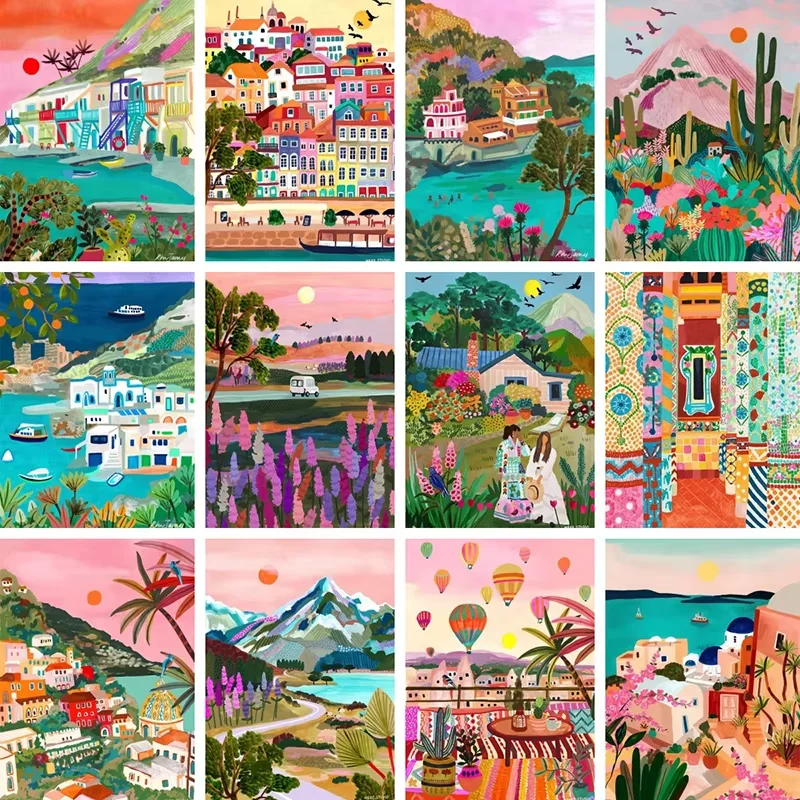 Peinture Diamant DIY Paysage Abstrait Montagne Ville Touristique Colorée Décoration Murale Salon Aménagement Intérieur ﻿
