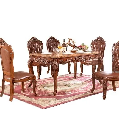 

European marble dining table light luxury solid wood carving flower rectangular dining table dining table home