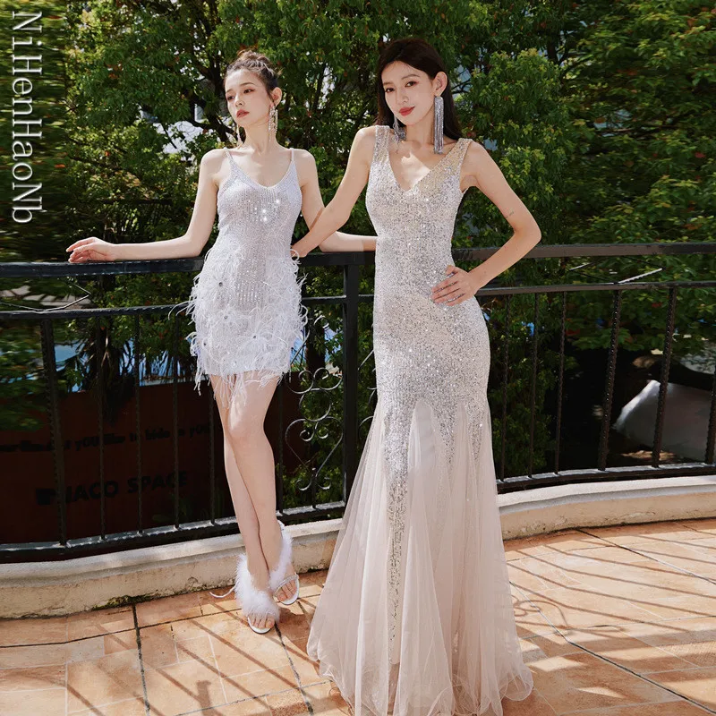 Sparkly Mermaid ชุดเจ้าสาวสําหรับผู้หญิง V คอ Patchwork Vestido De Casamento