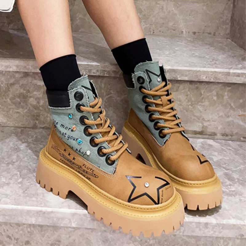 Women Patchwork Boots Lace Up Personalized Design Vintage Chunky Motorcycle Boots Punk Platform Casual Comfortable Female Boots