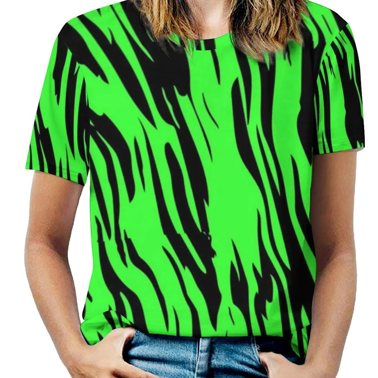 Women T Shirt Green Tiger Print O Neck T Shirts Short Sleeves Retro Animal Cute Custom Tops Basic Clothing 4XL 5XL 6XL