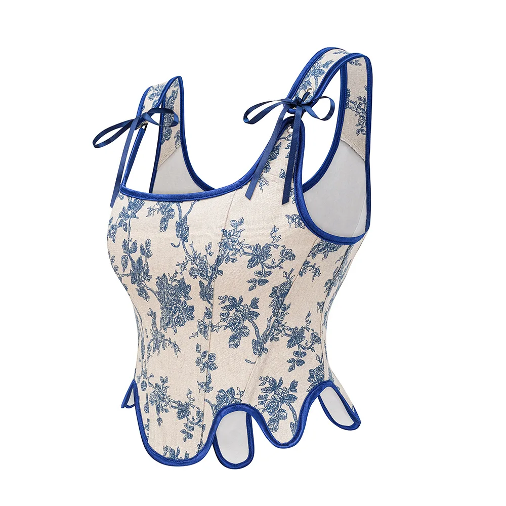 Medieval Women Corsets Top Vintage Gothic Floral Printed Lace up Overbust Bustier Double Strap Body Shapewear Slimming Vest - view 3