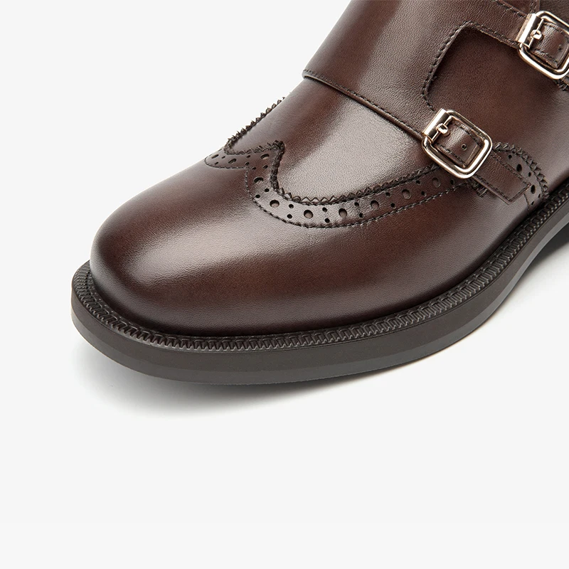 BEAUTODAY Chelsea Boots Women Genuine Leather Elastic Band Full Brogue Monk Design Solid Color Retro Ladies Shoes Handmade 03737 image 4