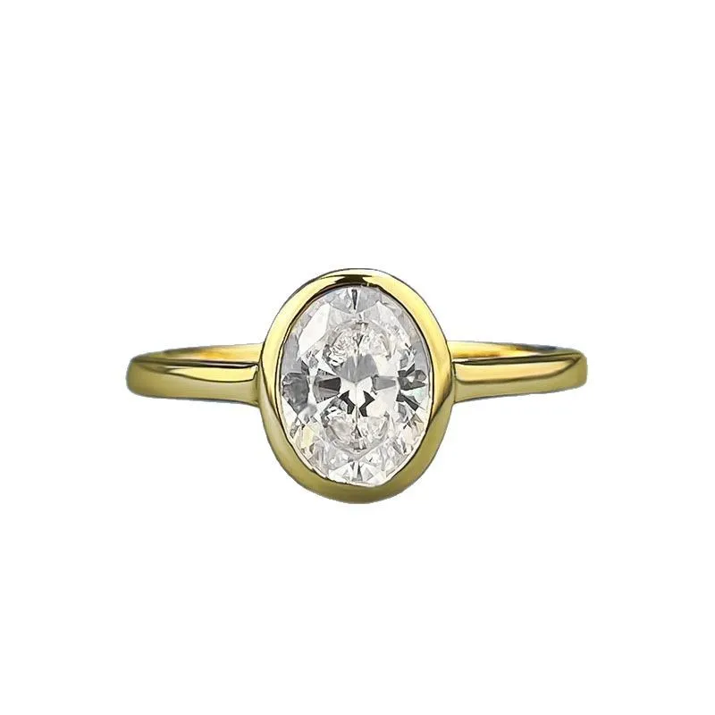 

Classic Oval Moissanite Ring Gold Plated 925 Silver Bezel Set Promise Ring for Bridal Wedding