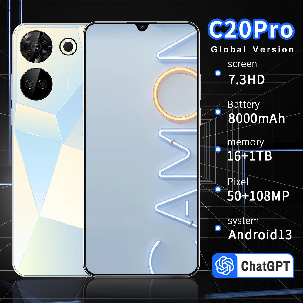 Globalny telefon do gier C20 Pro 6.8 \'\'HD + Android 13 16GB + 1TB 8000mAh odblokowanie twarzą odblokowanie linii papilarnych Edition 5G telefony