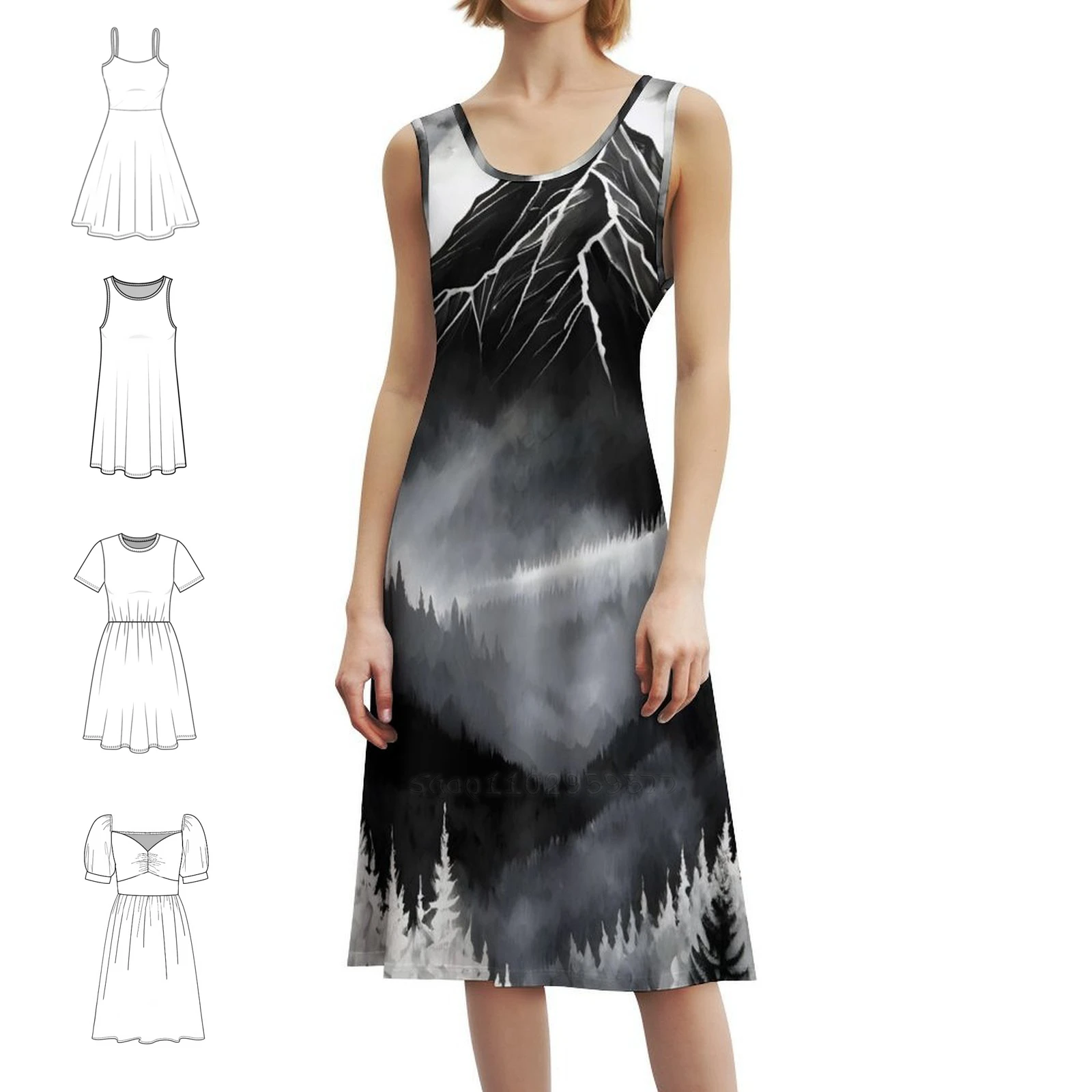 

Дыхание пиков: черно-белое богемное платье без рукавов с мистическими горами, пляжное праздничное платье с несколькими принтами