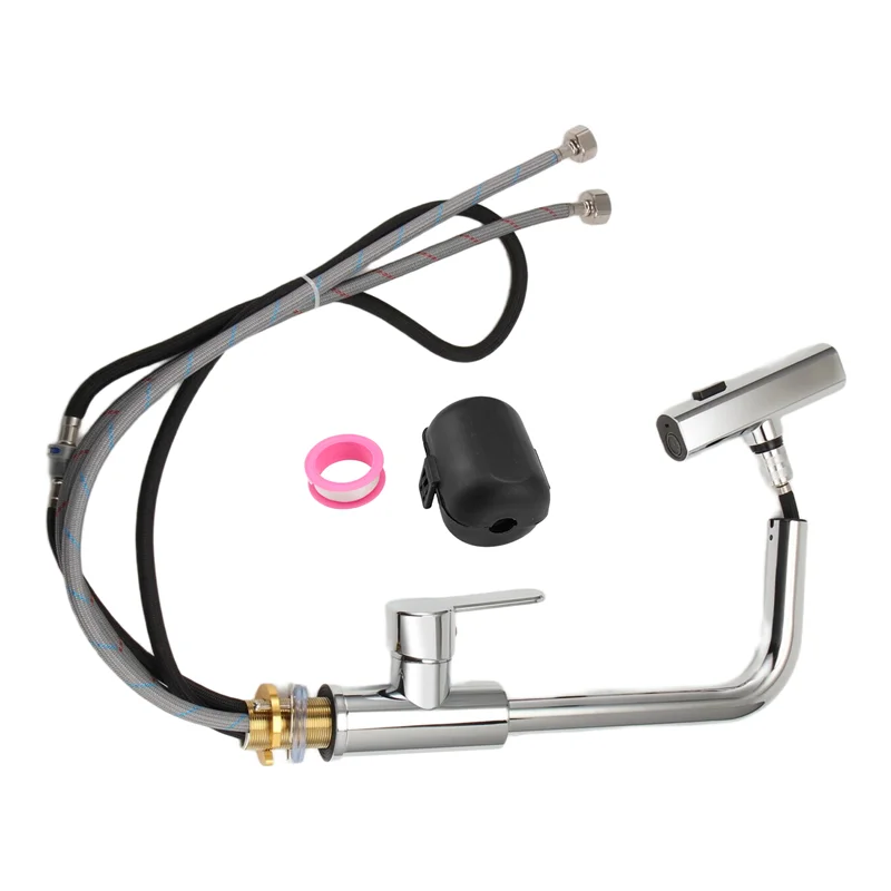 Keran Air Panas dan Dingin Fleksibel RMWIN, Model Tempel Meja, Mixer Wastafel Dapur Tarik Keluar dengan Mode Pancuran