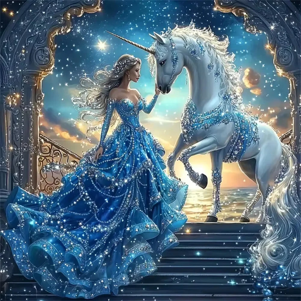 DIY Sparkly Blue Gown Princess White Unicorn Starry Arch Diamond Painting,Fantasy Wall Decor For Home Gift