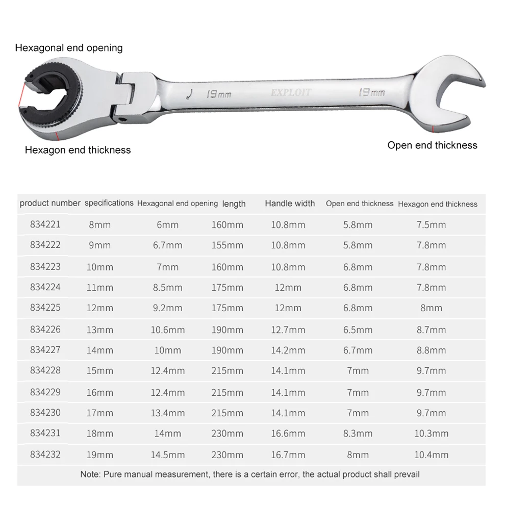 8 27mm Opening Tubing Ratchet Wrench Spanner Combination Wrenches Set Flex-head Fixed Head Metric Open End Gears Ring Wrench Set