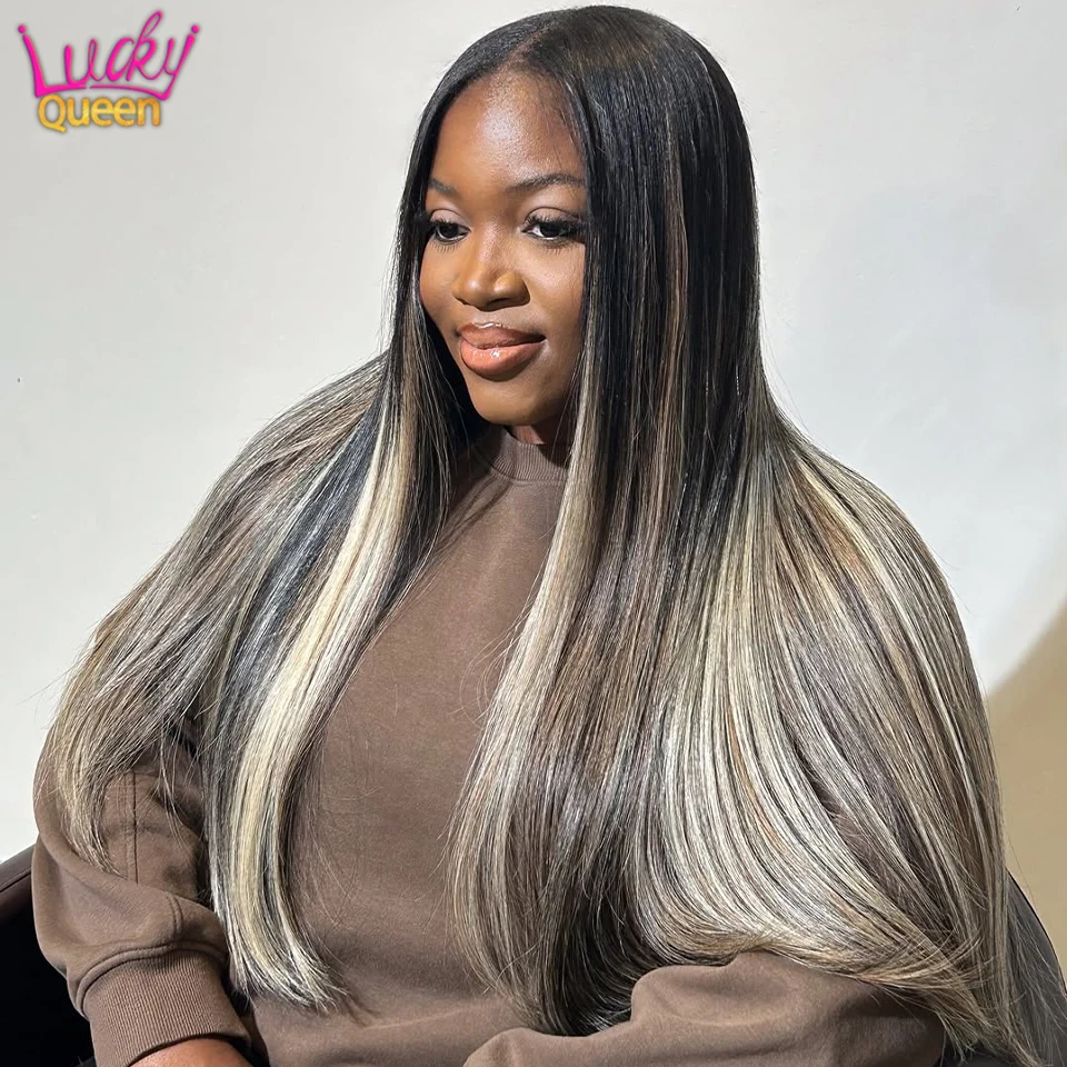 

Straight 1B Ash Blonde Highlights 32Inch Human Hair 7X5Glueless Pre Plucked Front Wigs 12A Brazilian Transparent Lace 180Density