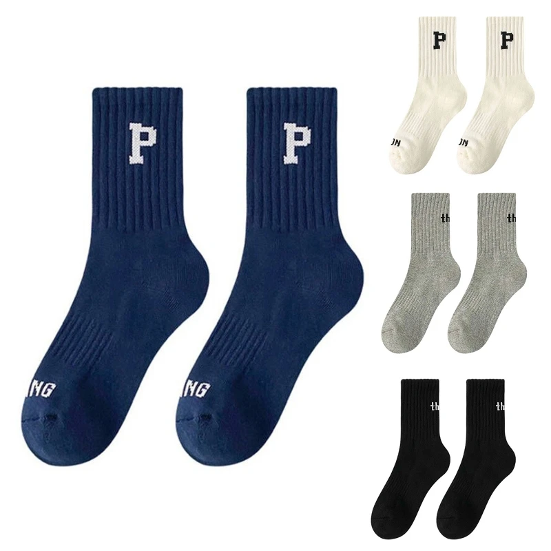 Women Men Harajuku Ribbed Cotton Socks P Letters Print Solid Color Hip Hop Fashion Skateboard Sports Street